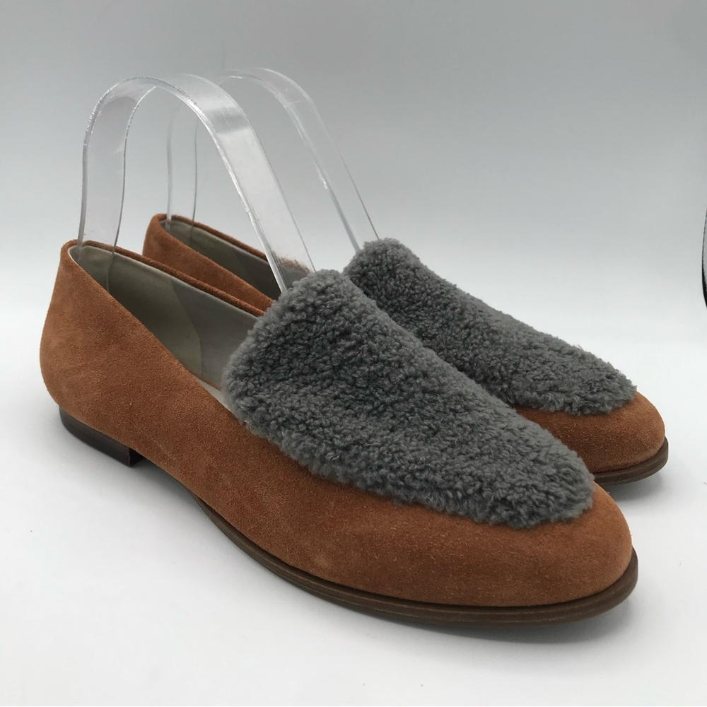 Lori‎ Goldstein Women's Greer Loafers Shoe Size 7.5M Tan Suede Gray Faux Fur EUC
